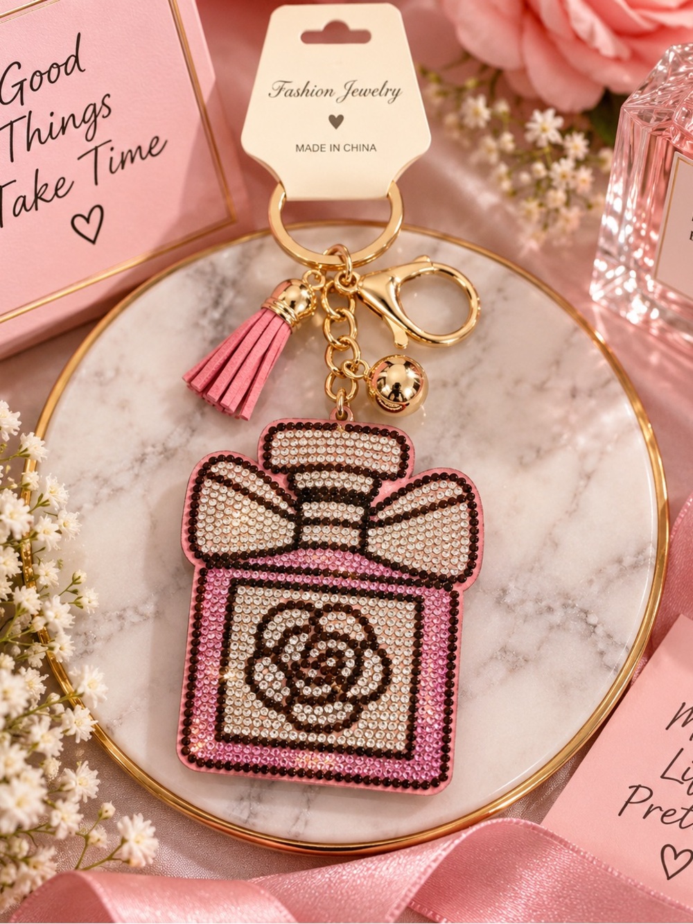 Perfum Jewelry Pink Perfume Bottle Keychain with Tassel